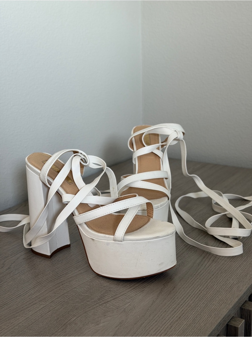 Liliana White Lace-Up Platform Block Heels